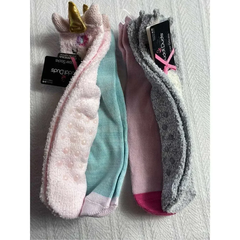 Cuddl Duds Girls Shoe Size 4-10 Lounge Crew Slipper Socks Total 4 Pr